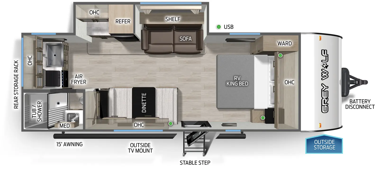 The Grey Wolf 22CE floorplan has one entry and one slide out. Exterior features include: metal exterior and 15' awning. Interiors features include: front bedroom.
